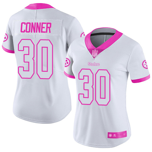Women Pittsburgh Steelers Football #30 Limited White Pink James Conner Rush Fashion Nike NFL Jersey